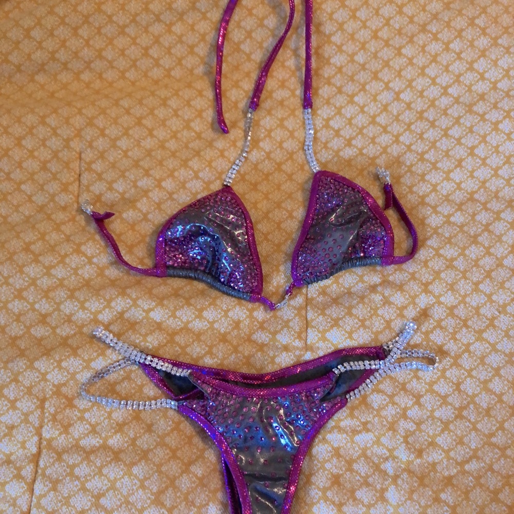 Black and pink competition bikini.